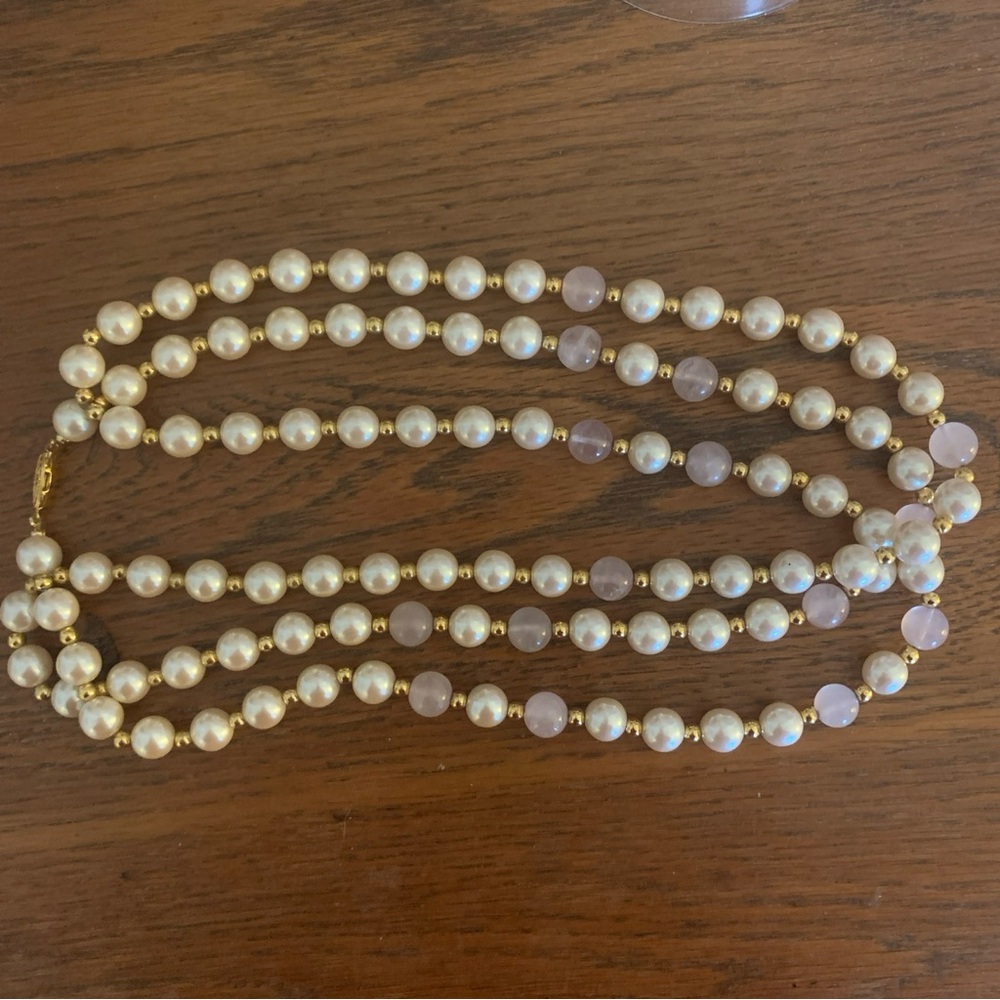 VTG. CREAM FAUX PEARL & GOLD Over Sterling 3-STRAND NECKLACE